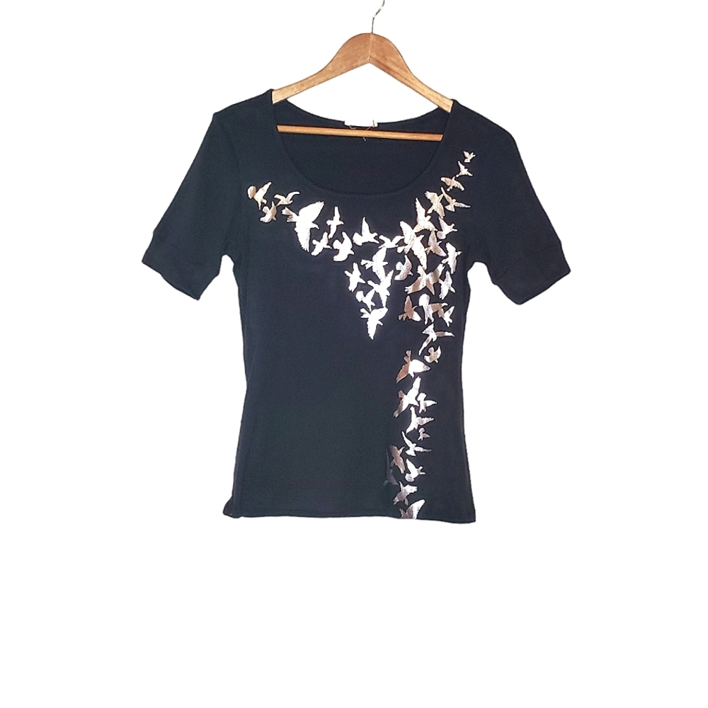 Flying High Silver Metallic Bird Silhouette Detail Black Top
